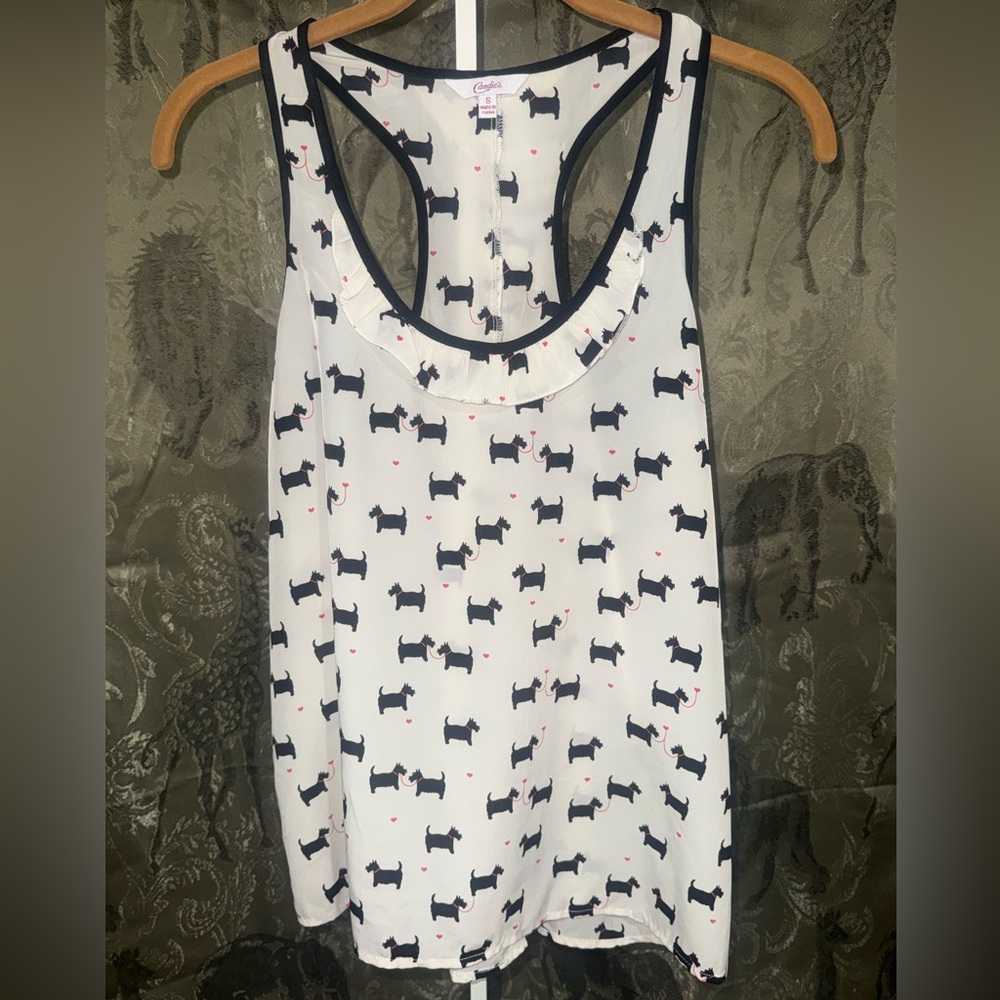 Candie's White Tank with Navy Dog Print and Pink Bow Accents